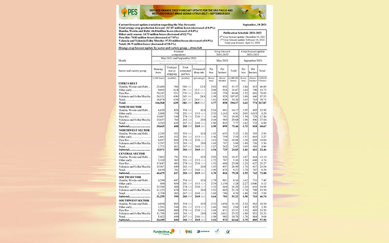 Brazil: 2021-2022 orange crop forecast update for the Sao Paulo and West-Southwest Minas citrus belt – September 2021