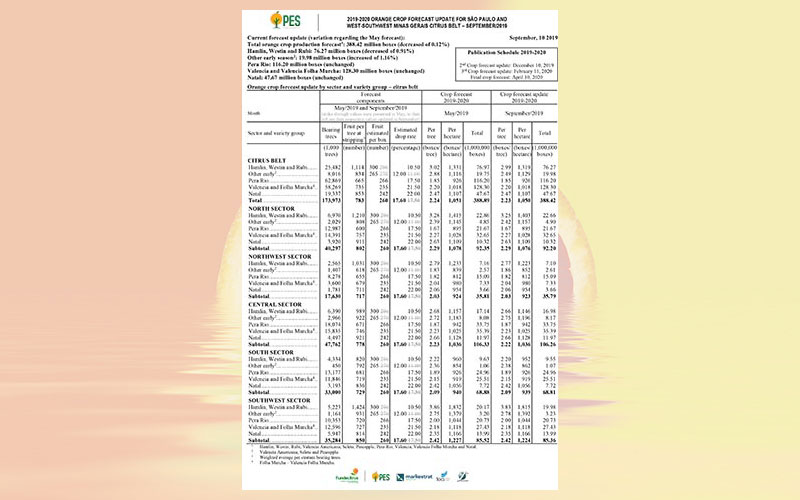 2019-2020 orange crop forecast for São Paulo and West-Southwest of Minas Gerais Citrus Belt – September 2019