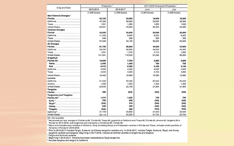 Florida Citrus Forecast July 2018, All Orange Unchanged from June