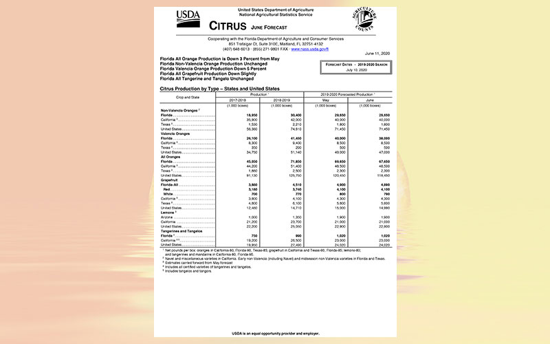 USDA: Florida citrus June 2020 forecast