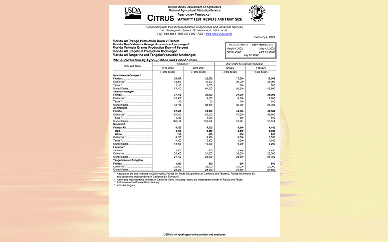 USDA: Florida citrus February 2022 forecast