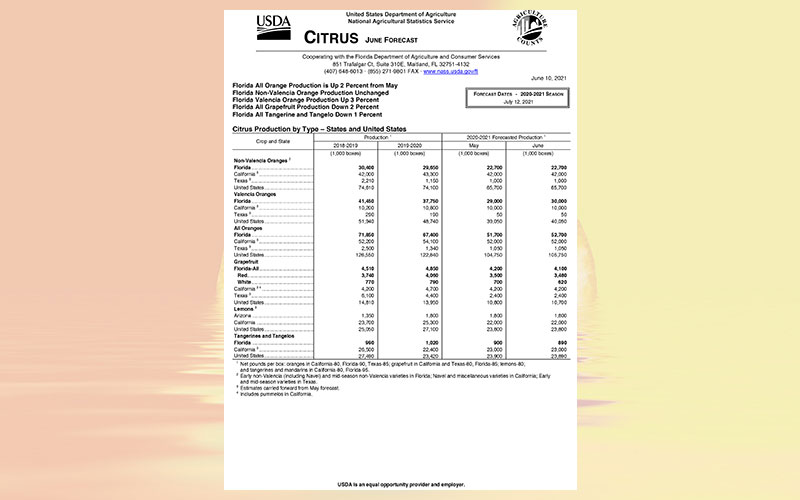 USDA: Florida citrus June 2021 forecast