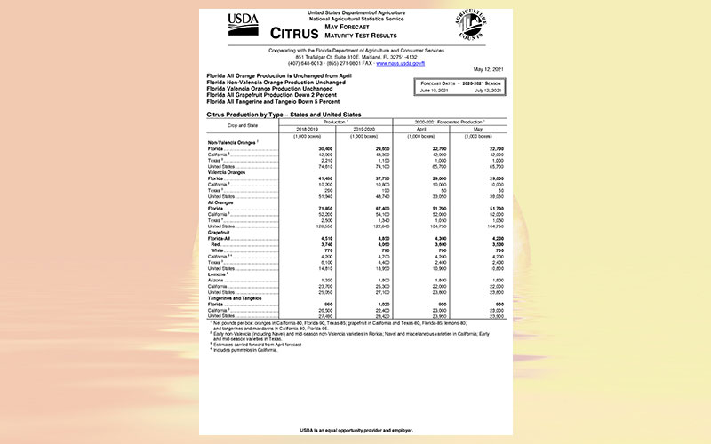 USDA: Florida citrus May 2021 forecast