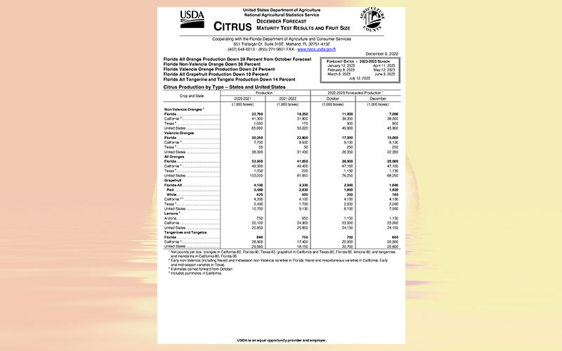 USDA: Florida citrus November 2022 forecast